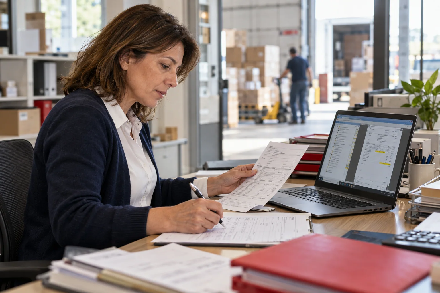 Illustrative scene: an operations specialist compares paper documents with a business application.