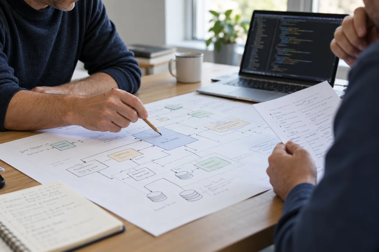 Illustrative scene: two professionals review a software architecture diagram and project notes.