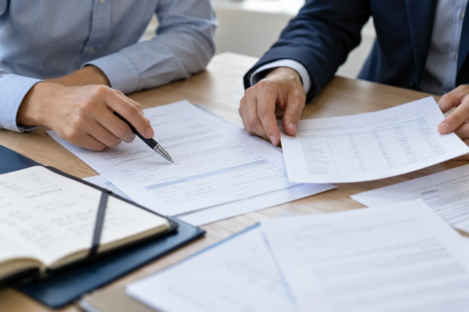 Illustrative scene: documents and information are compared during a professional review.