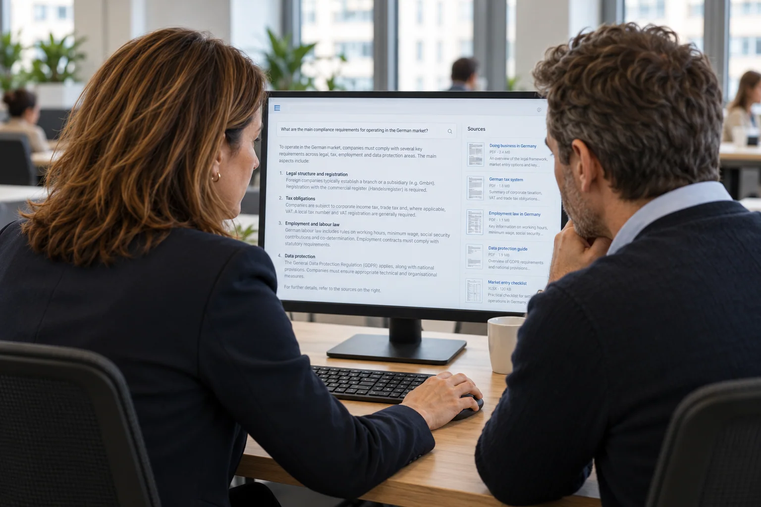 Two professionals use an AI application displaying answers and source documents on a monitor.