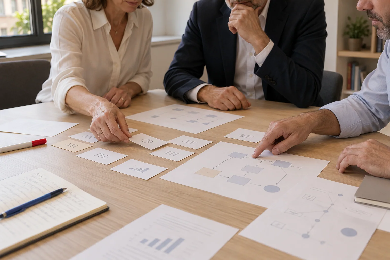 Illustrative scene: professionals review workflows and arrange priorities on a meeting table.