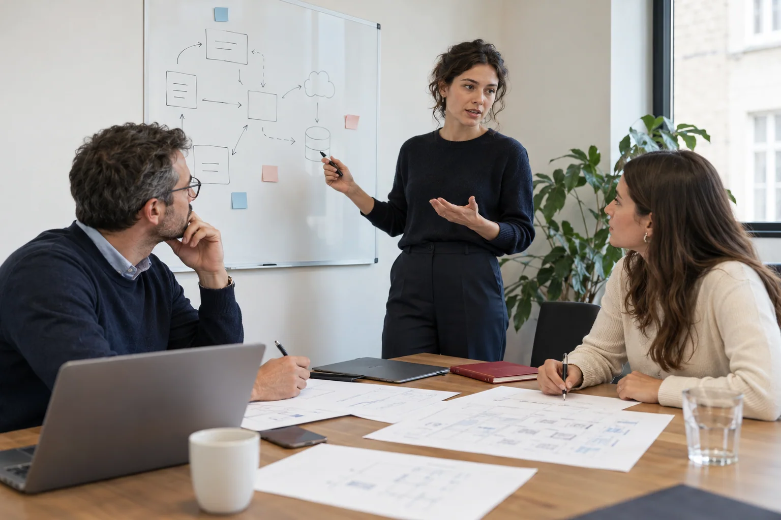Illustrative scene: three professionals discuss an application workflow at a whiteboard and compare project notes.