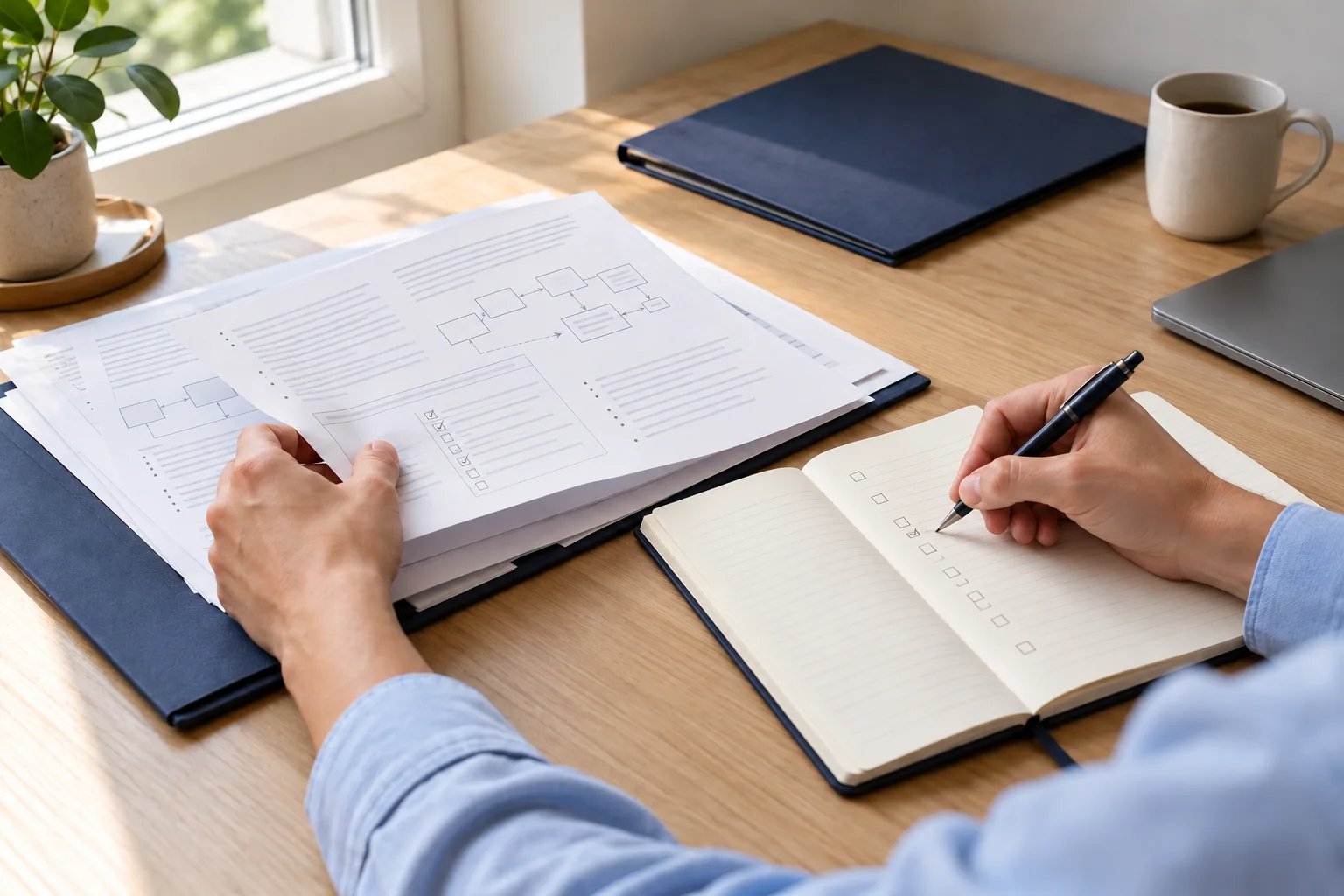 Illustrative scene: preparing an application by reviewing project notes and work materials.