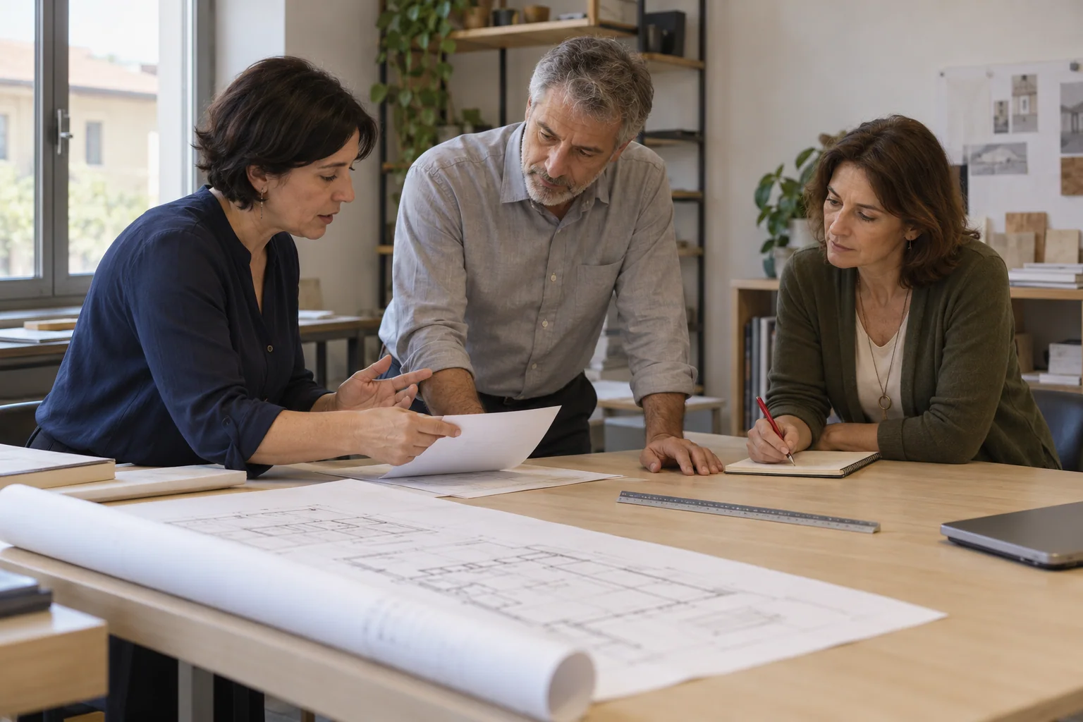 Illustrative scene: three technical professionals discuss a worked example during a training session.