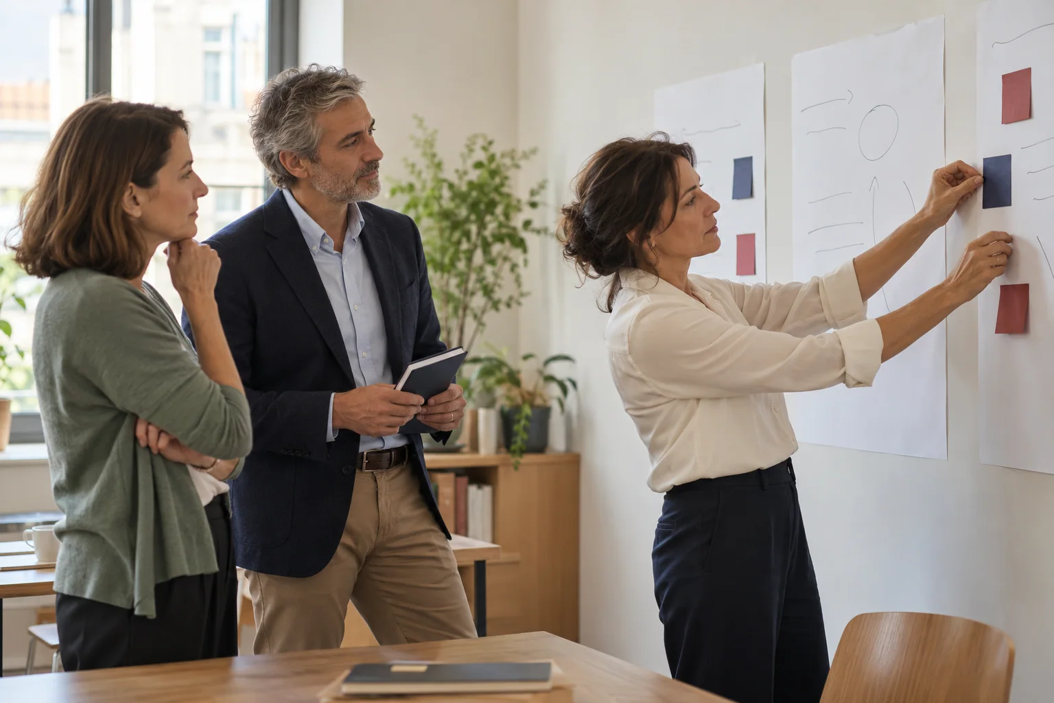 Scena illustrativa: tre professionisti esaminano attività e responsabilità su una parete di lavoro.