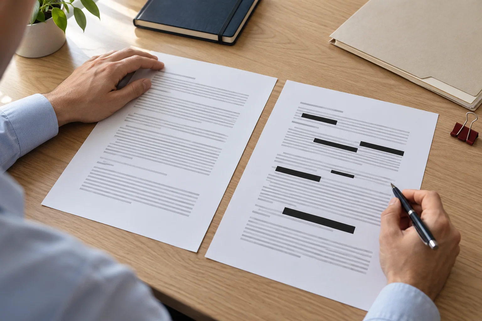 Illustrative scene: a document is compared with a version in which some information has been redacted.