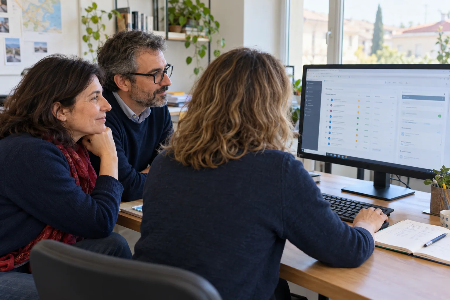 Tre professionisti esaminano un flusso di lavoro su un monitor durante un confronto operativo.