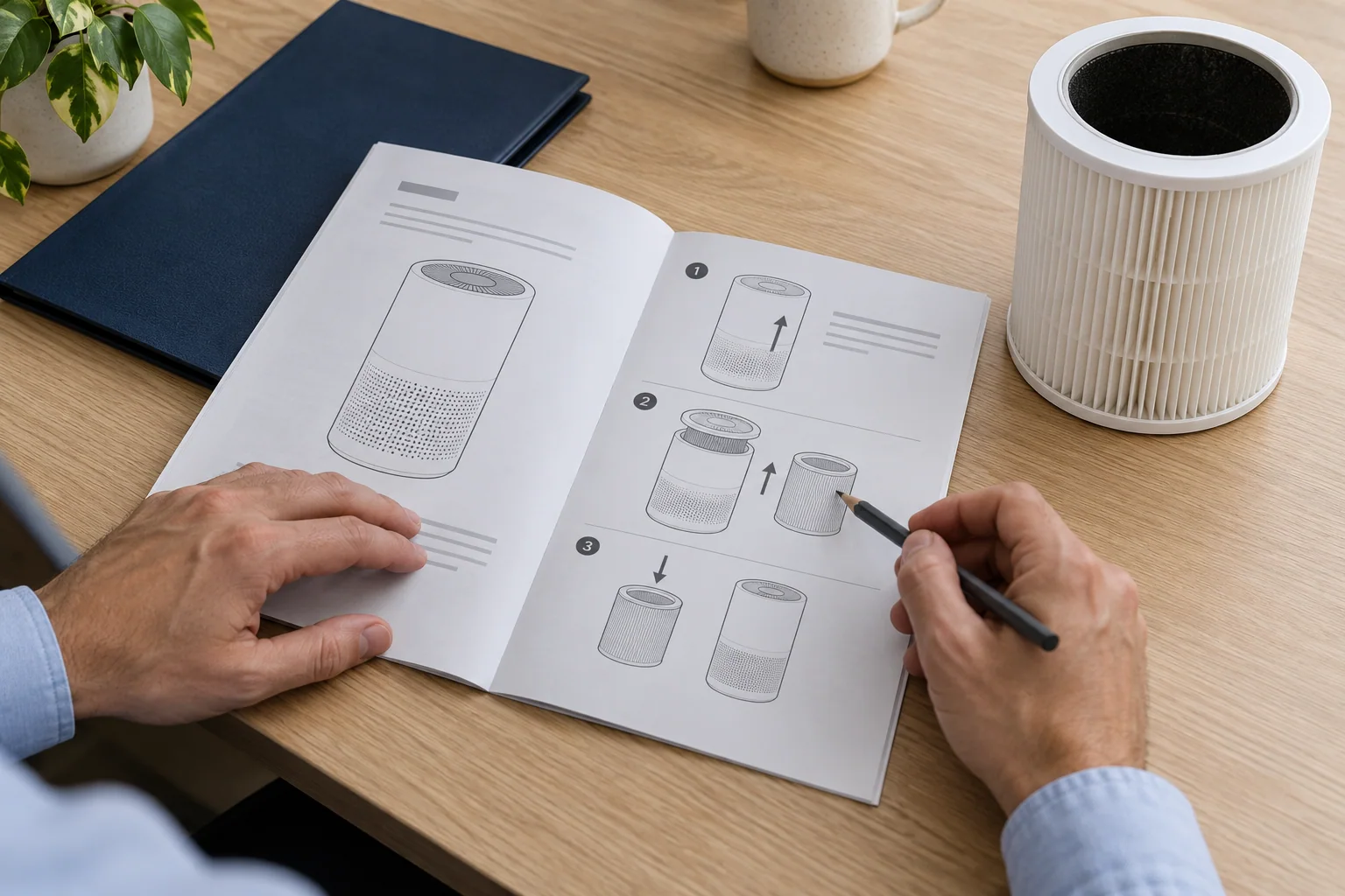 Illustrative scene: a manual is consulted beside the component it describes.