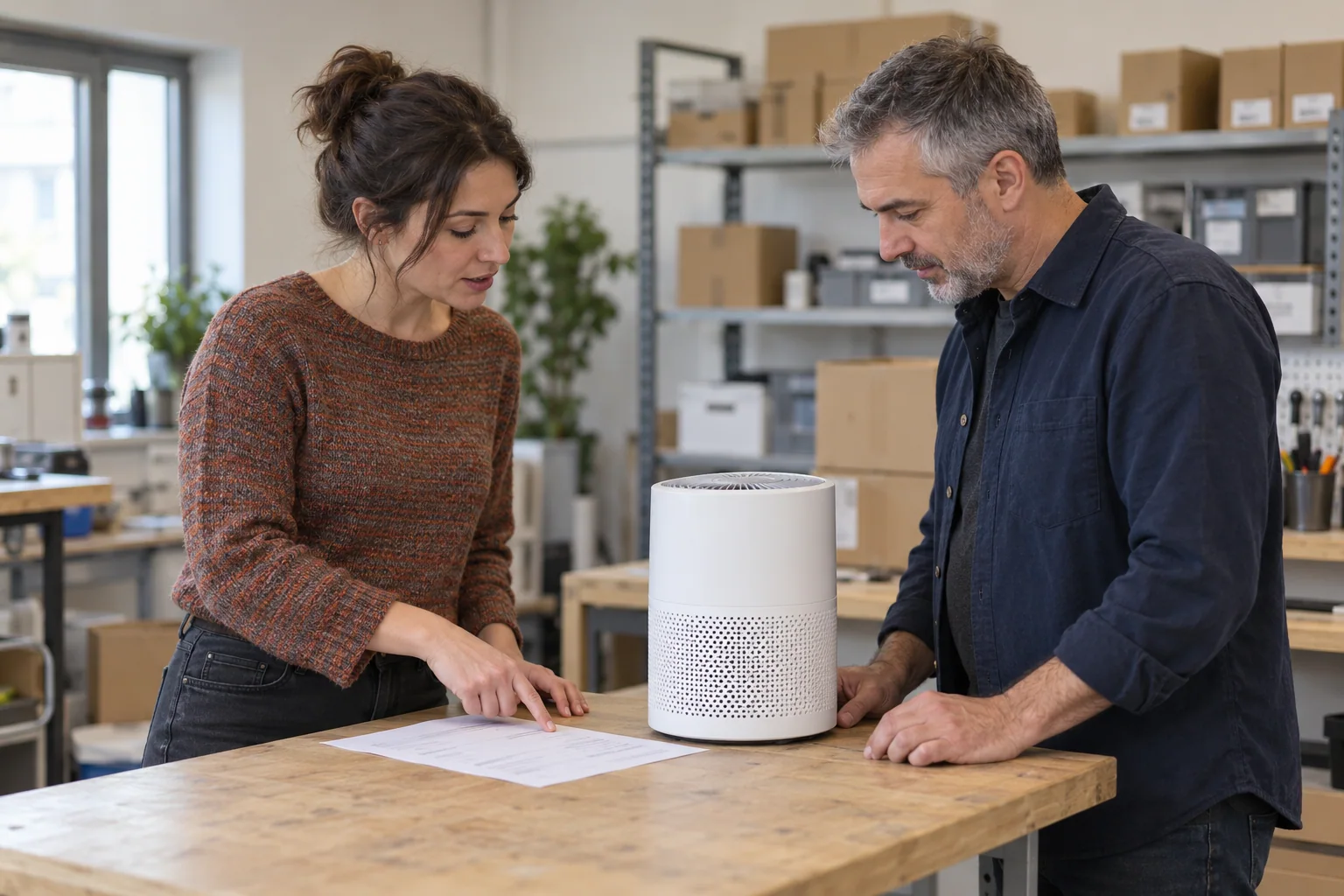 Illustrative scene: a service coordinator and a technical specialist review a request alongside the product.