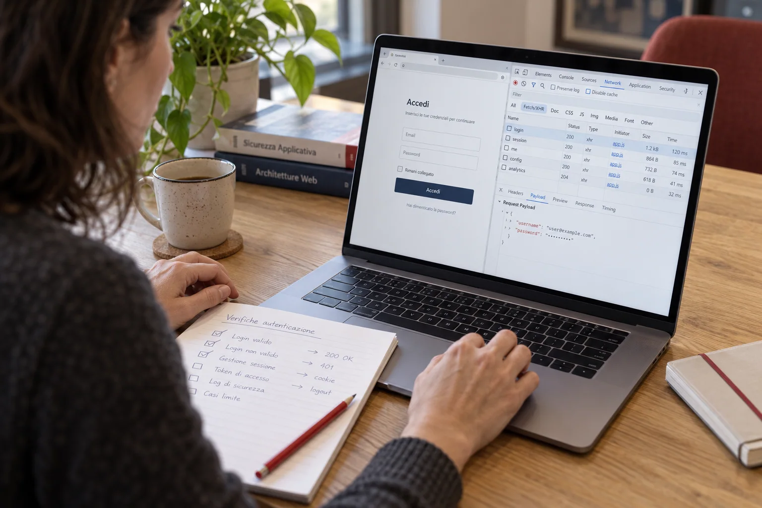 Illustrative scene: a specialist tests a web application using analysis tools and a test checklist.