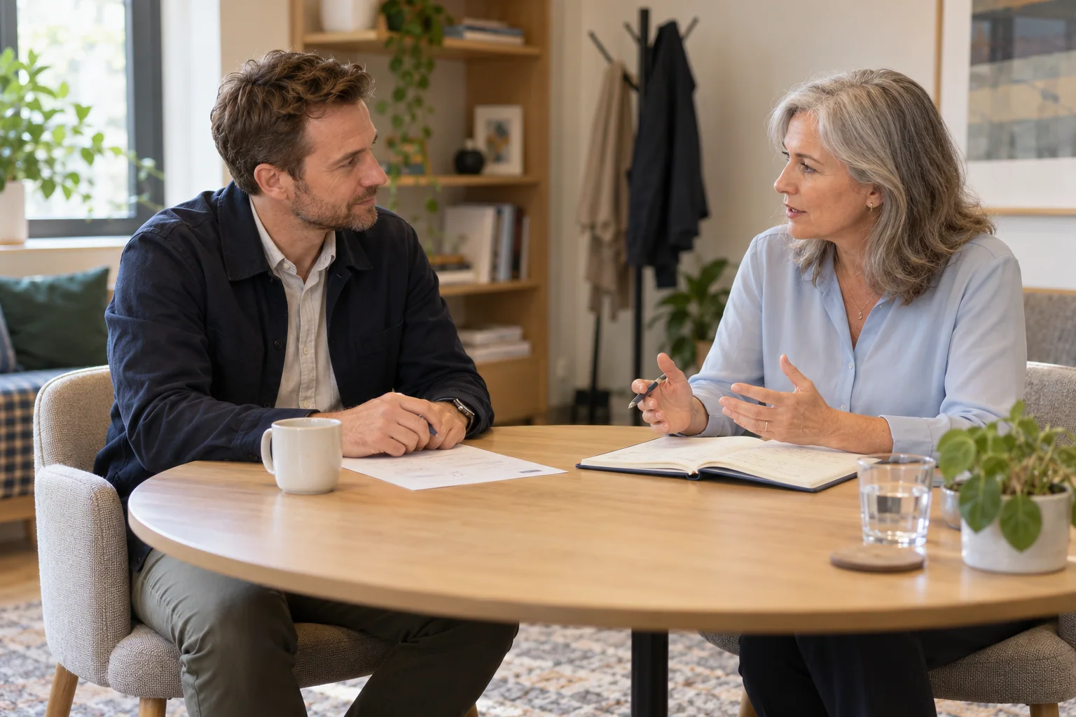 A trainer and a company representative discuss notes collected after a training program.