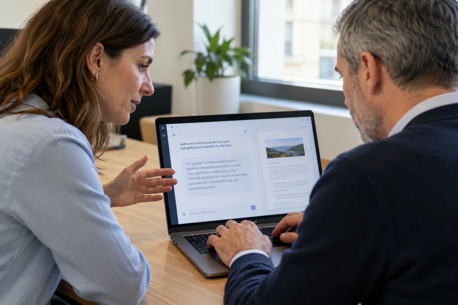 A participant completes an AI exercise on a laptop with support from a trainer.