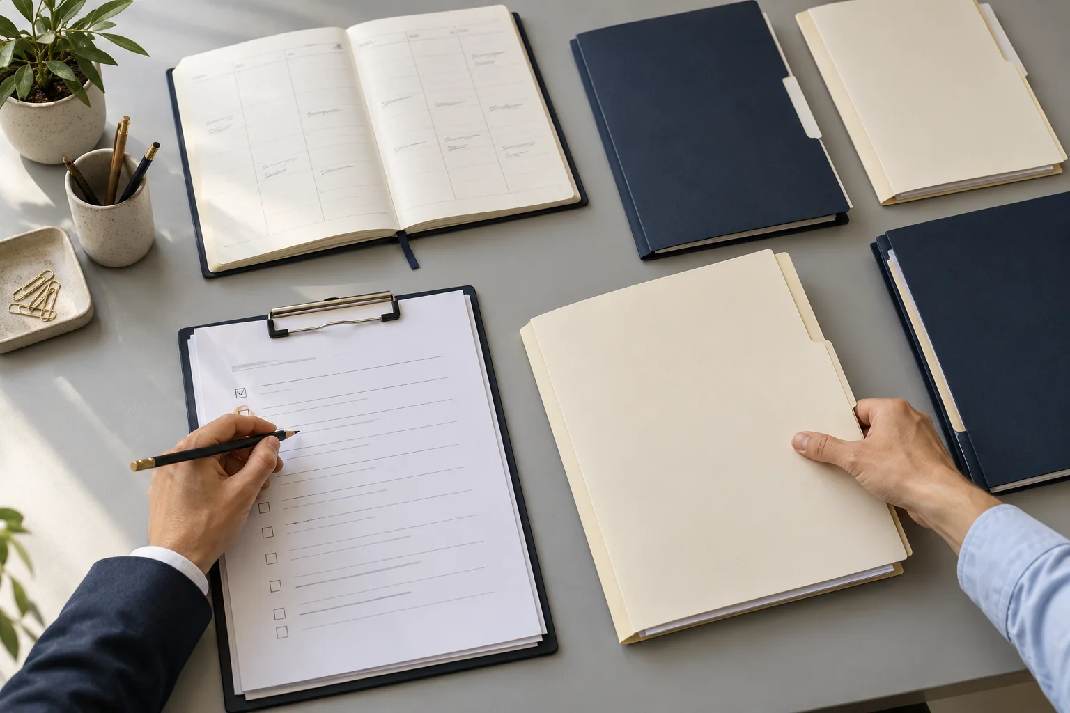 Illustrative scene: two professionals compare case files, a task list and a diary.