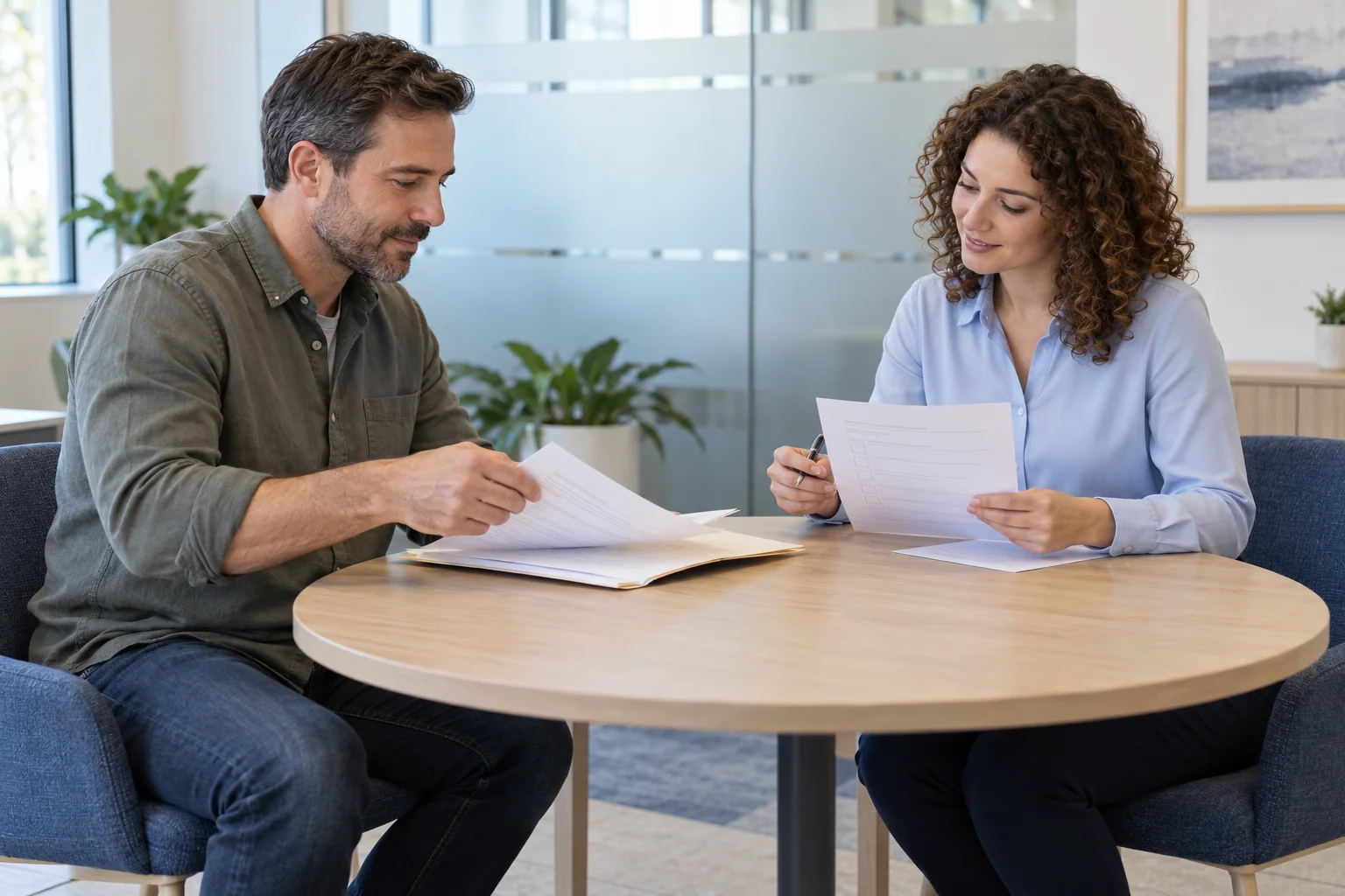 Illustrative scene: a client hands over documents while a staff member checks the list of materials.