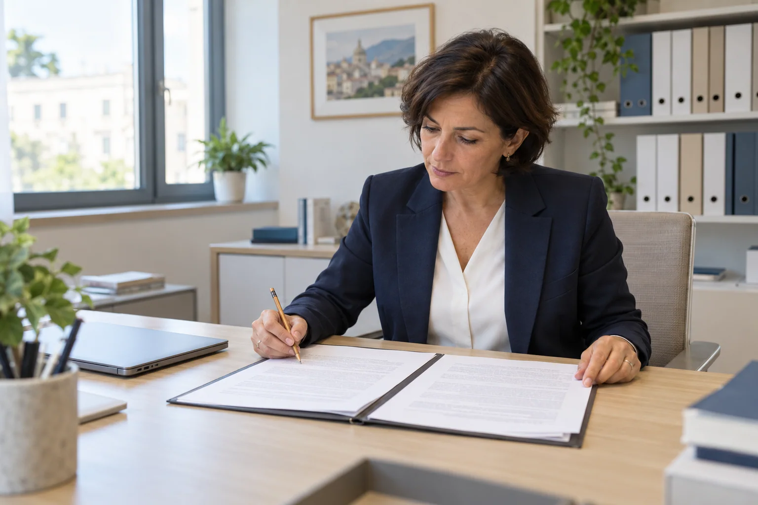 Illustrative scene: a professional checks two documents from a case file in an office.