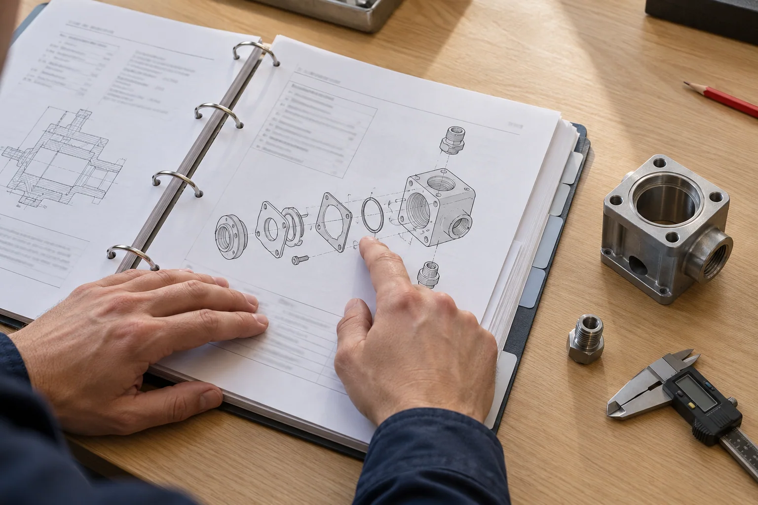 Illustrative scene: a technical manual is consulted beside the component it describes.