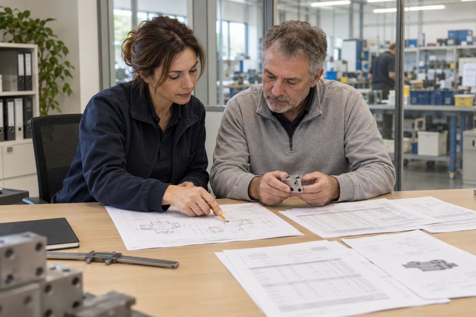 Illustrative scene: two specialists compare a component, drawings and documents for a technical quotation.