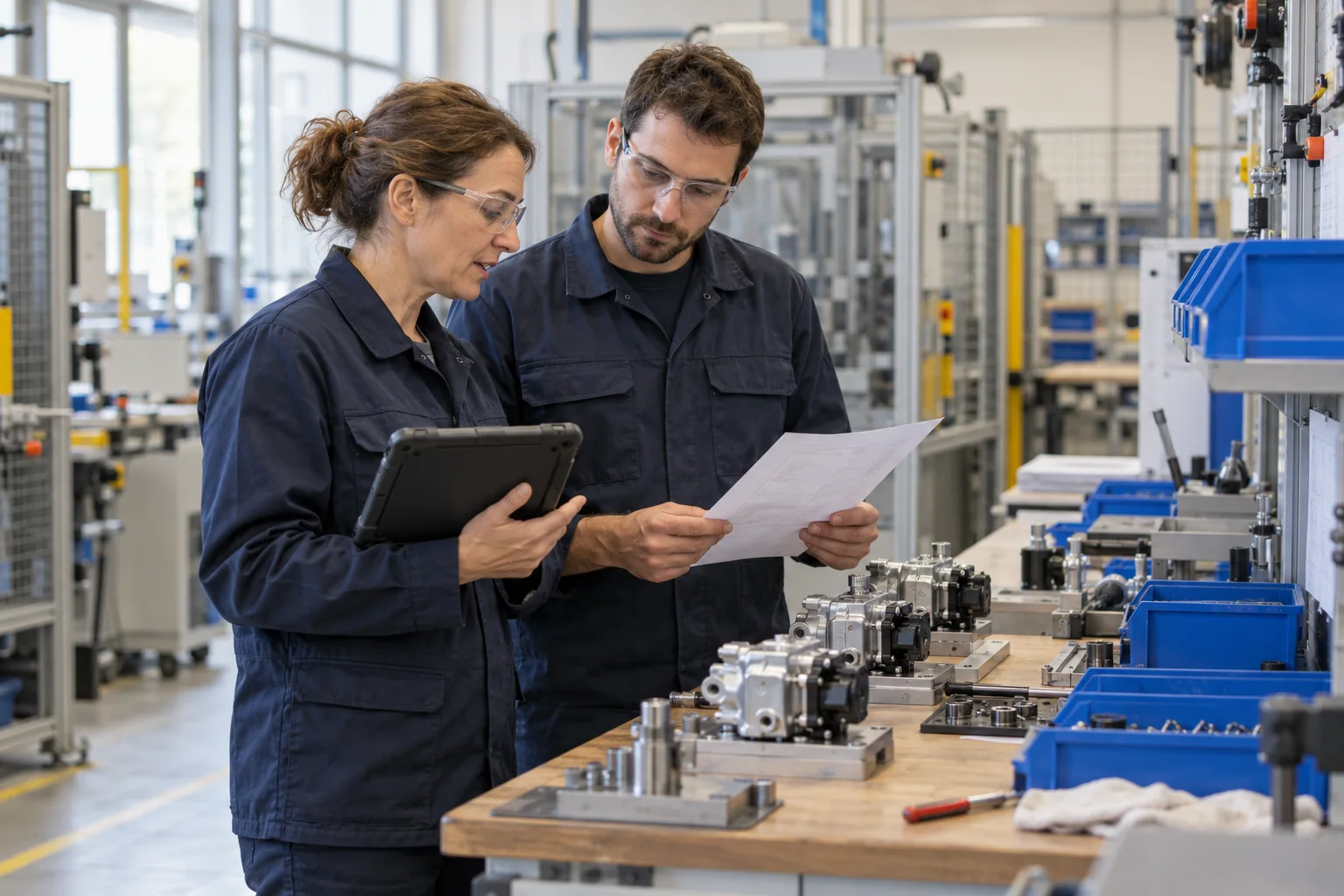Illustrative scene: two workers check a procedure using a tablet and a work order beside an assembly bench.