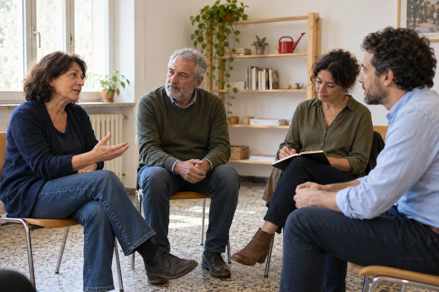 Scena illustrativa: quattro operatori e volontari condividono esperienze ed esigenze in una sala di un’associazione.