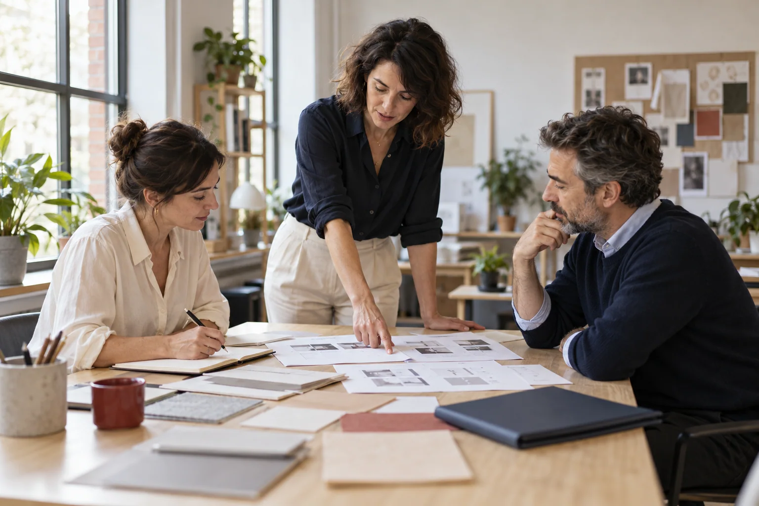 Illustrative scene: three professionals discuss a brief and paper drafts at an agency.