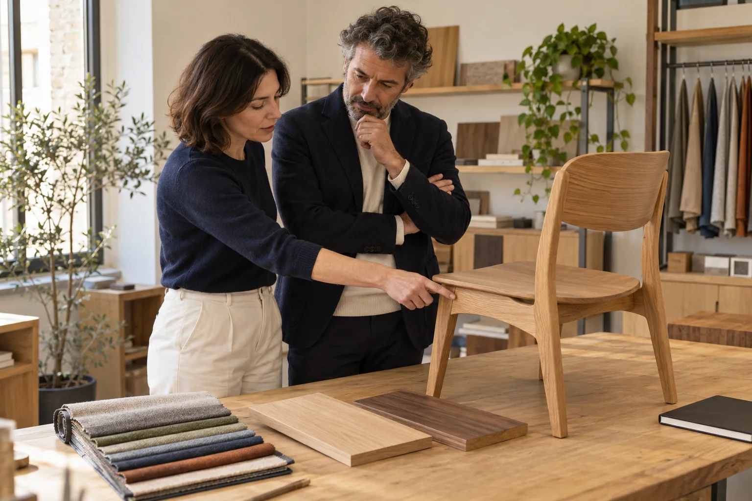 Illustrative scene: two professionals examine finishes, fabrics and a furniture product.