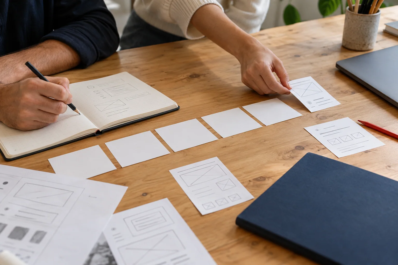 Illustrative scene: two people define the steps of an application using paper sketches and cards.