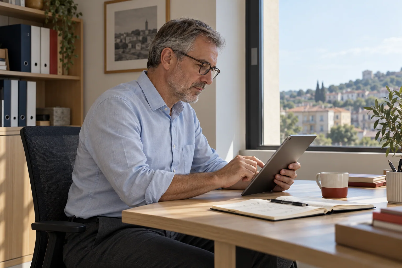 Illustrative scene: a professional reflects on his work while answering a digital interview on a tablet.