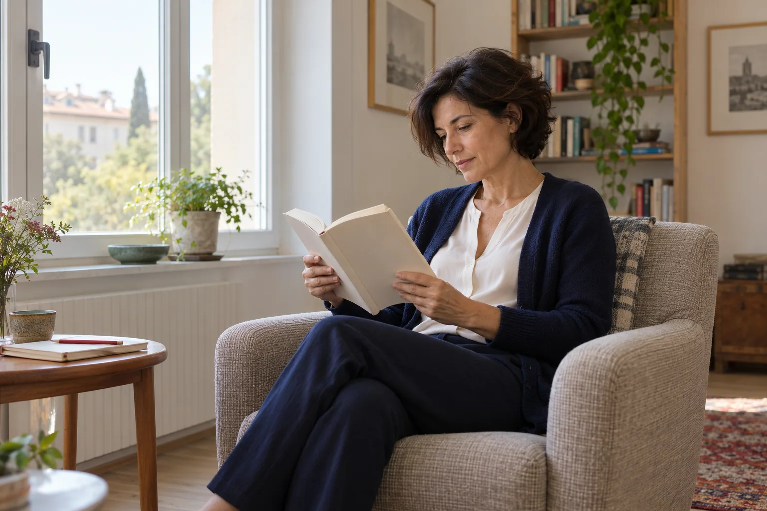 Illustrative scene: a reader studies a book in a quiet room beside a window.