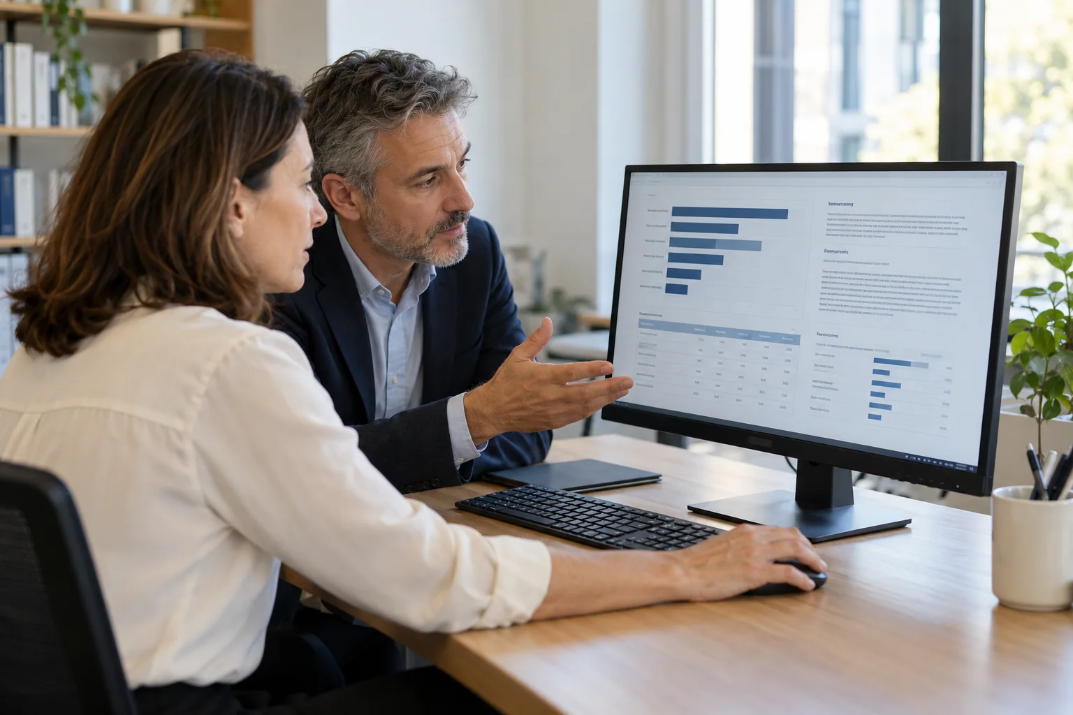 Scena illustrativa: due professionisti esaminano insieme un report di valutazione sul monitor.