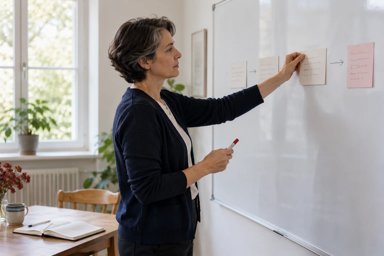 Illustrative scene: a consultant organises the goals and topics of an interview on a whiteboard.