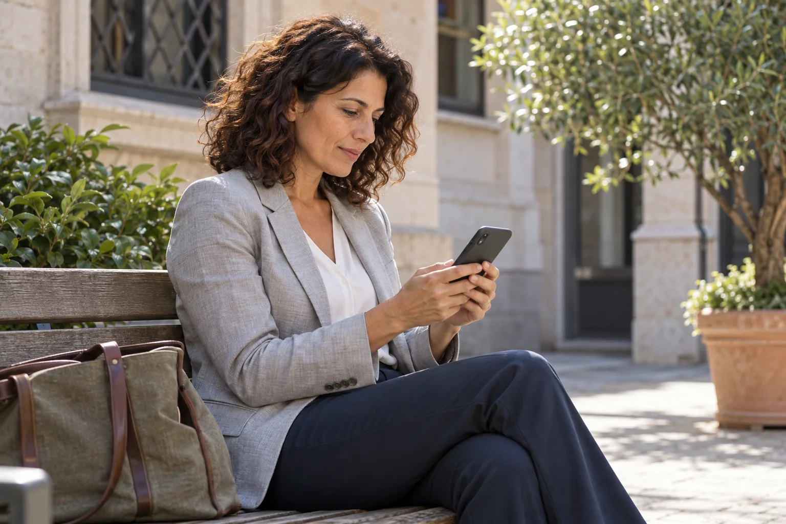Illustrative scene: a professional reads on her smartphone during a break in a courtyard.