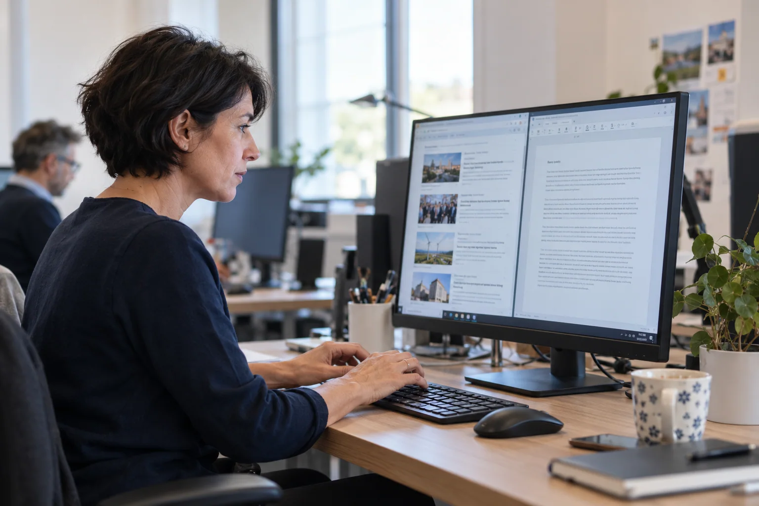 Scena illustrativa: una redattrice confronta fonti online e una bozza di articolo sul monitor.