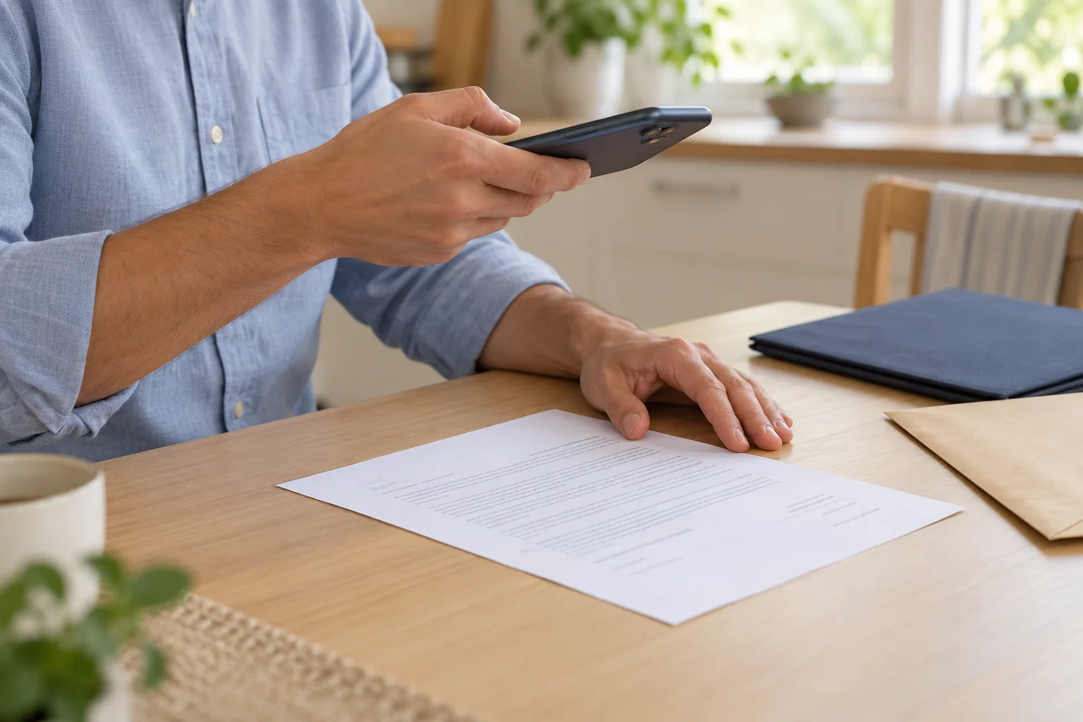 Illustrative scene: a person photographs a document with a smartphone to add information to a support request.