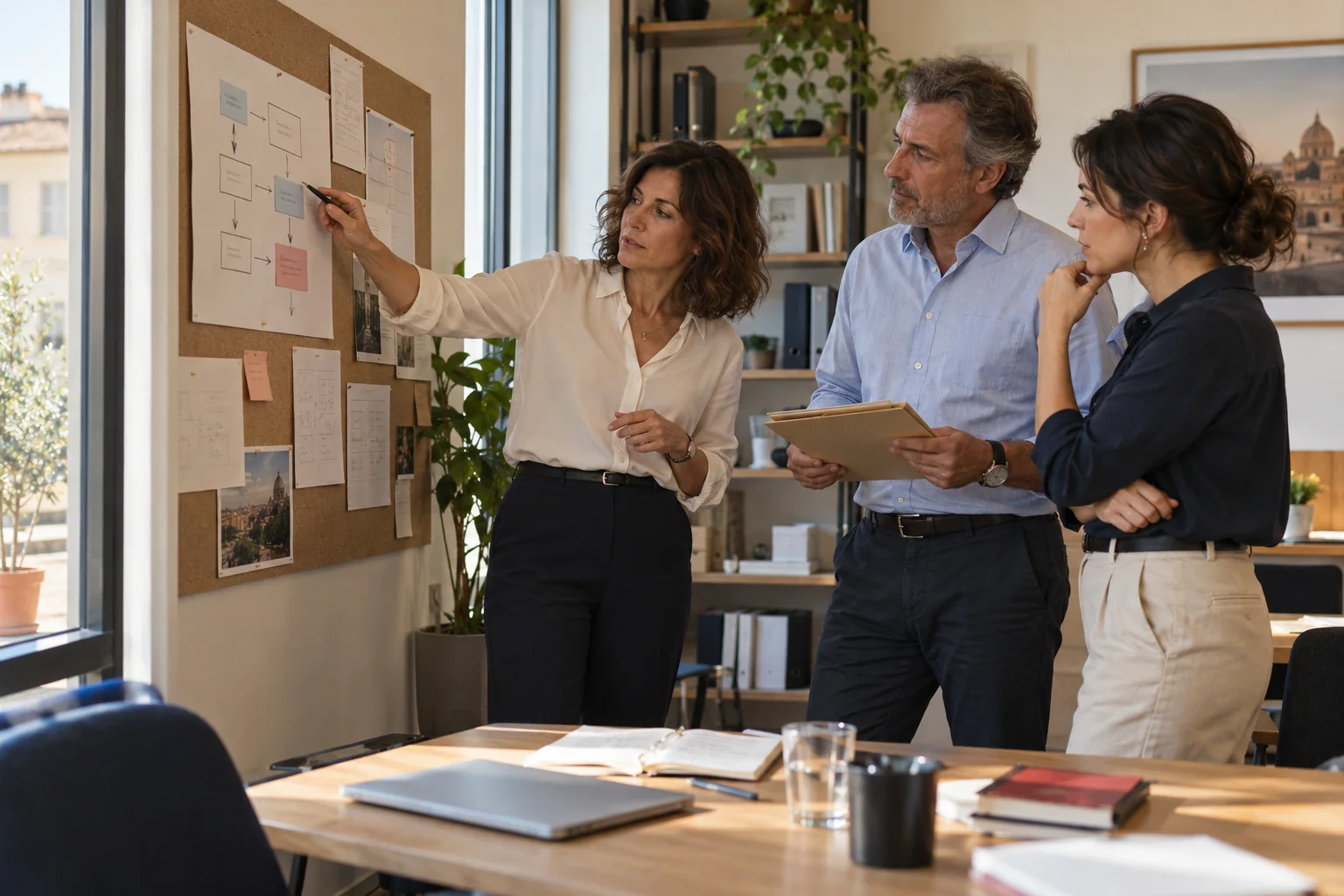 Illustrative scene: professionals discuss requirements and process steps using a paper workflow map.
