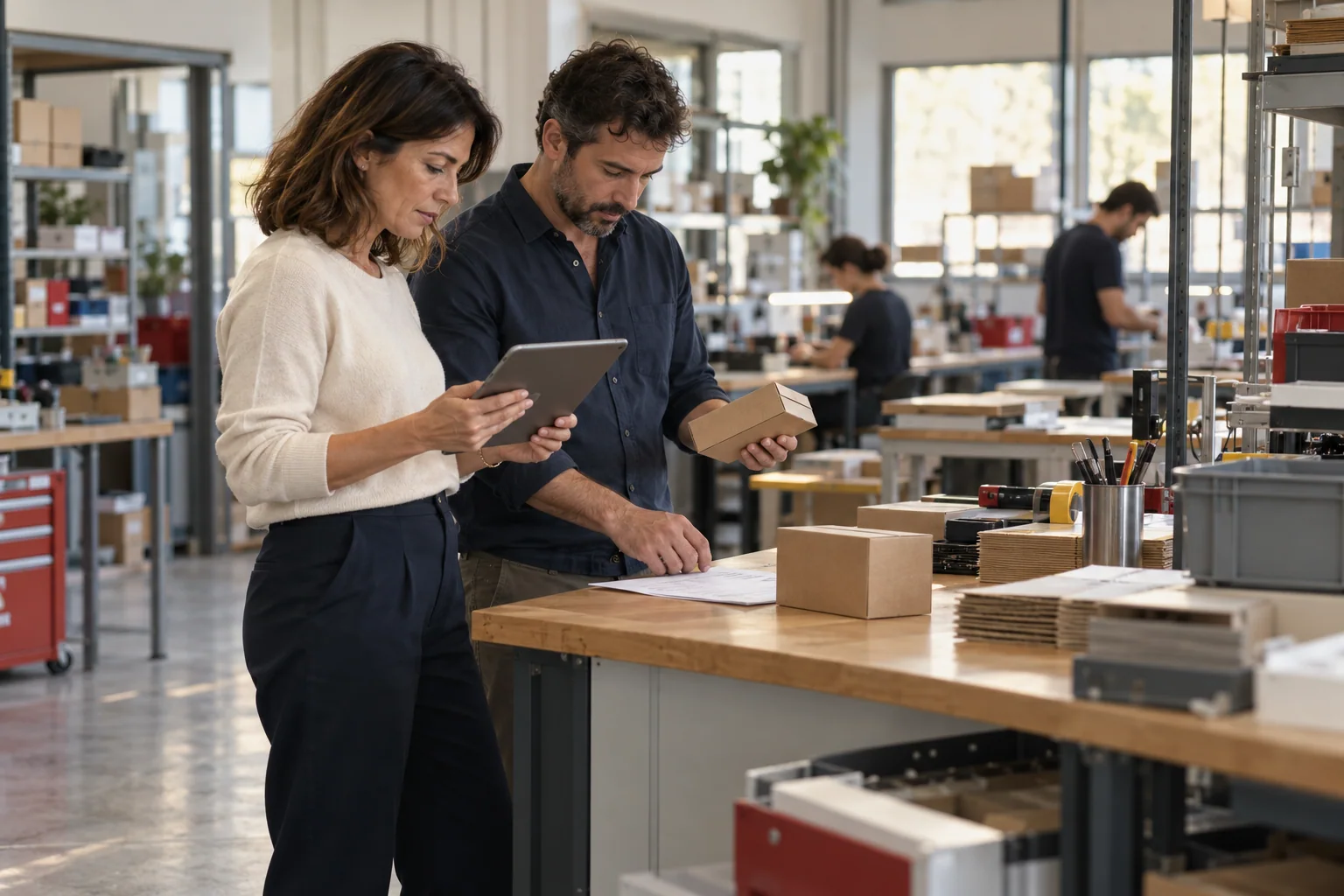 Illustrative scene: two people check an operational task using a tablet and a printed picking list.