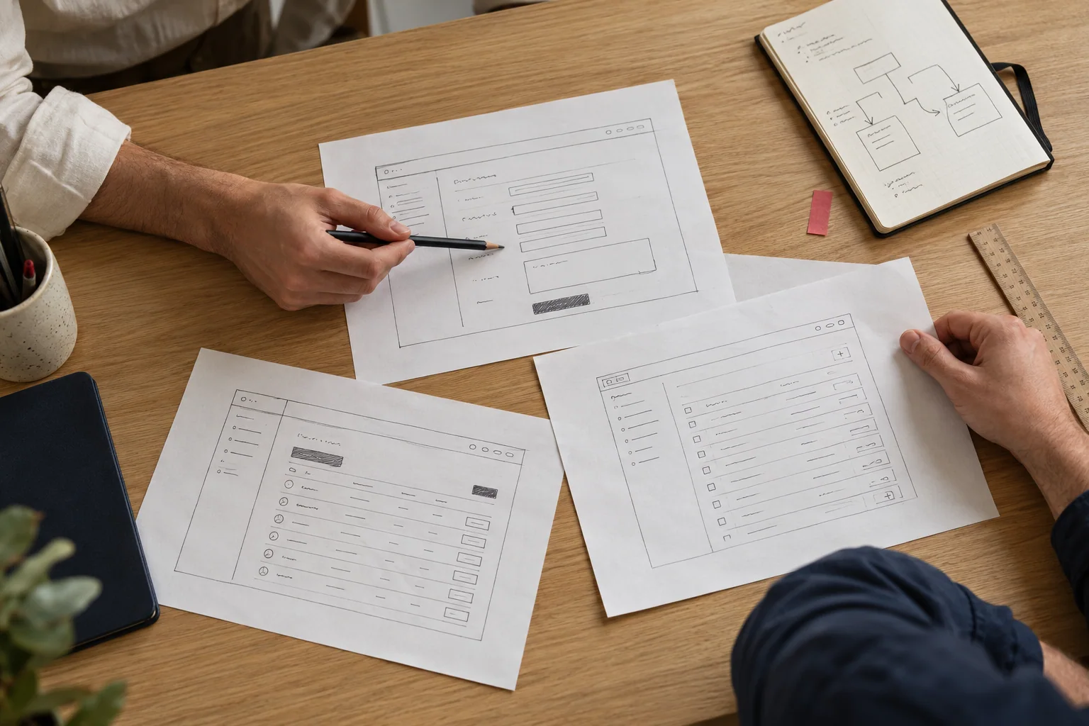 Scena illustrativa vista dall’alto: due persone progettano su carta le schermate di un’applicazione.