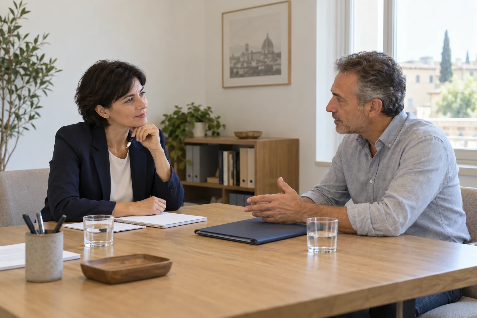 Illustrative scene: a consultant listens to a client during an office meeting.