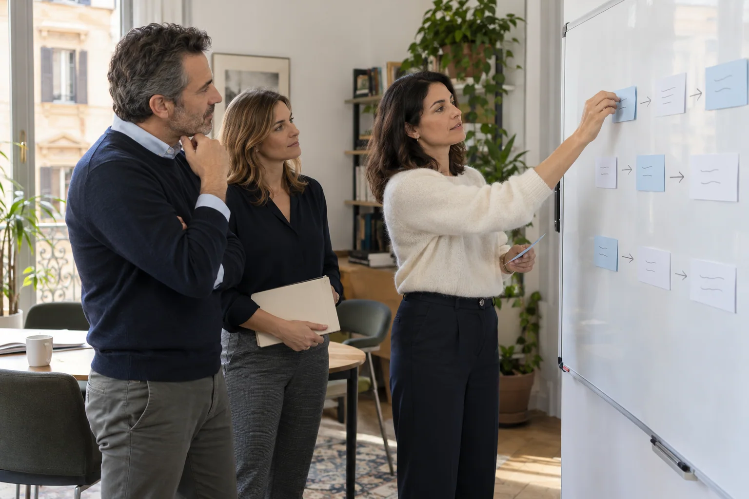 Illustrative scene: three professionals define the steps and responsibilities of a workflow together.
