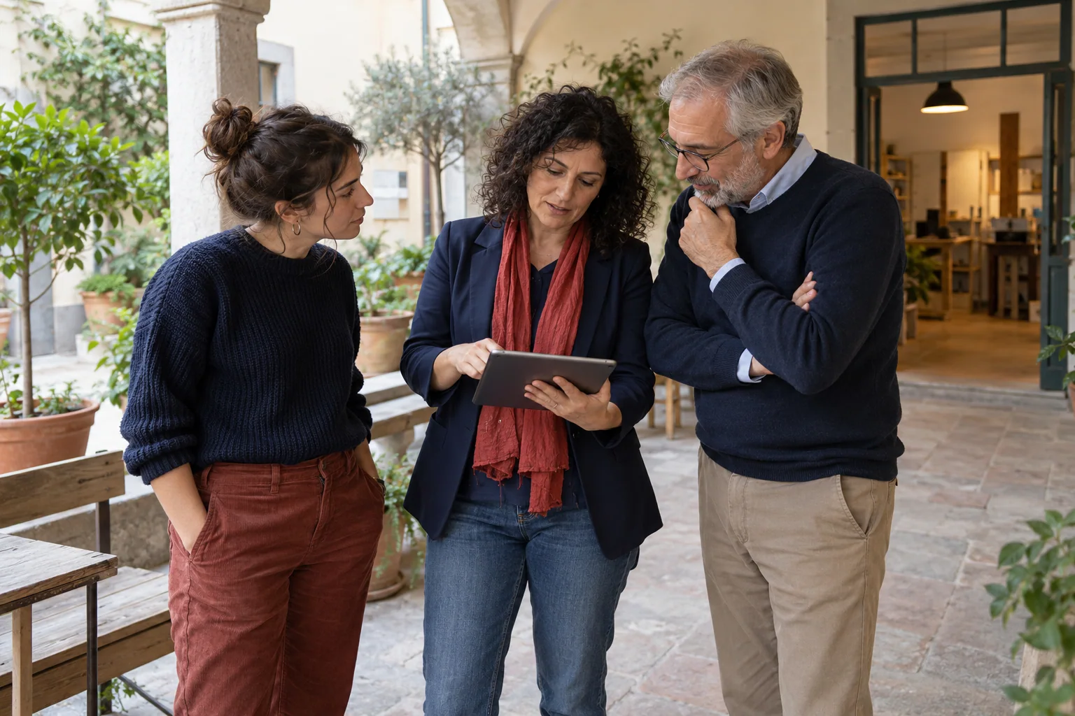 Tre adulti consultano un tablet nel cortile di uno spazio associativo.